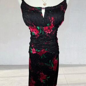 Y2K Black Red Floral Ruched Midi Dress Le Chateau .